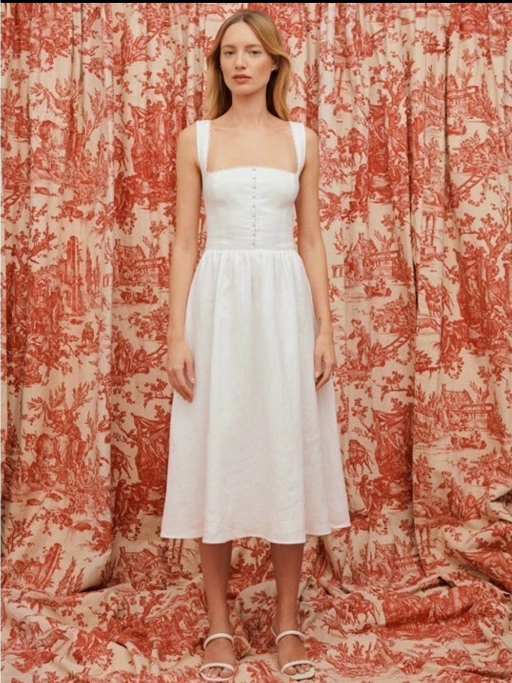 Reformation White Square-Neck Midi Dress with Button Front - Picture 4 of 11